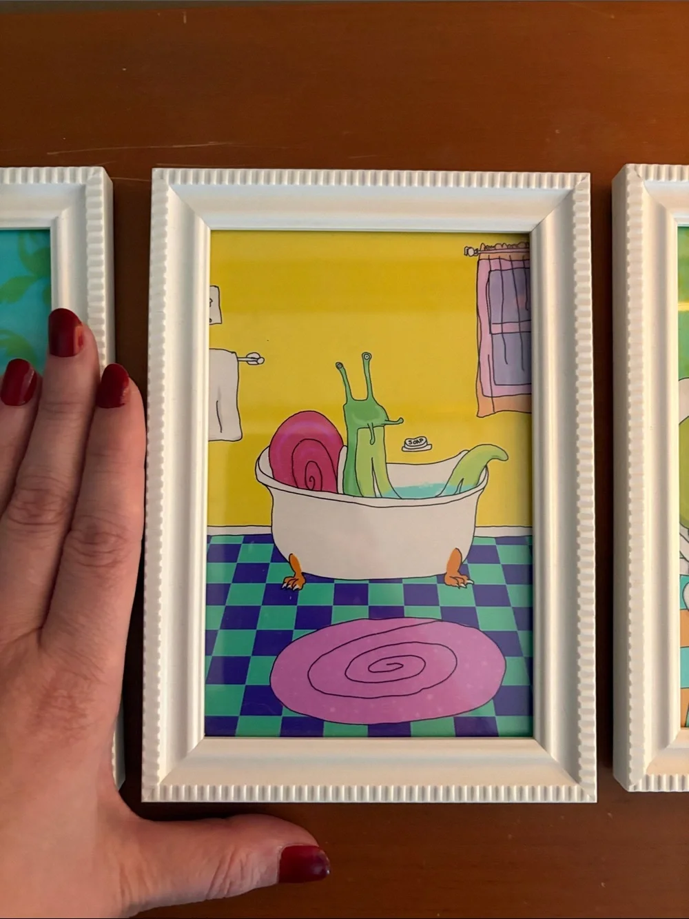 Whimsical Snail Bathroom Art Prints - Trio in Pastel Greens, Pinks & Yellows